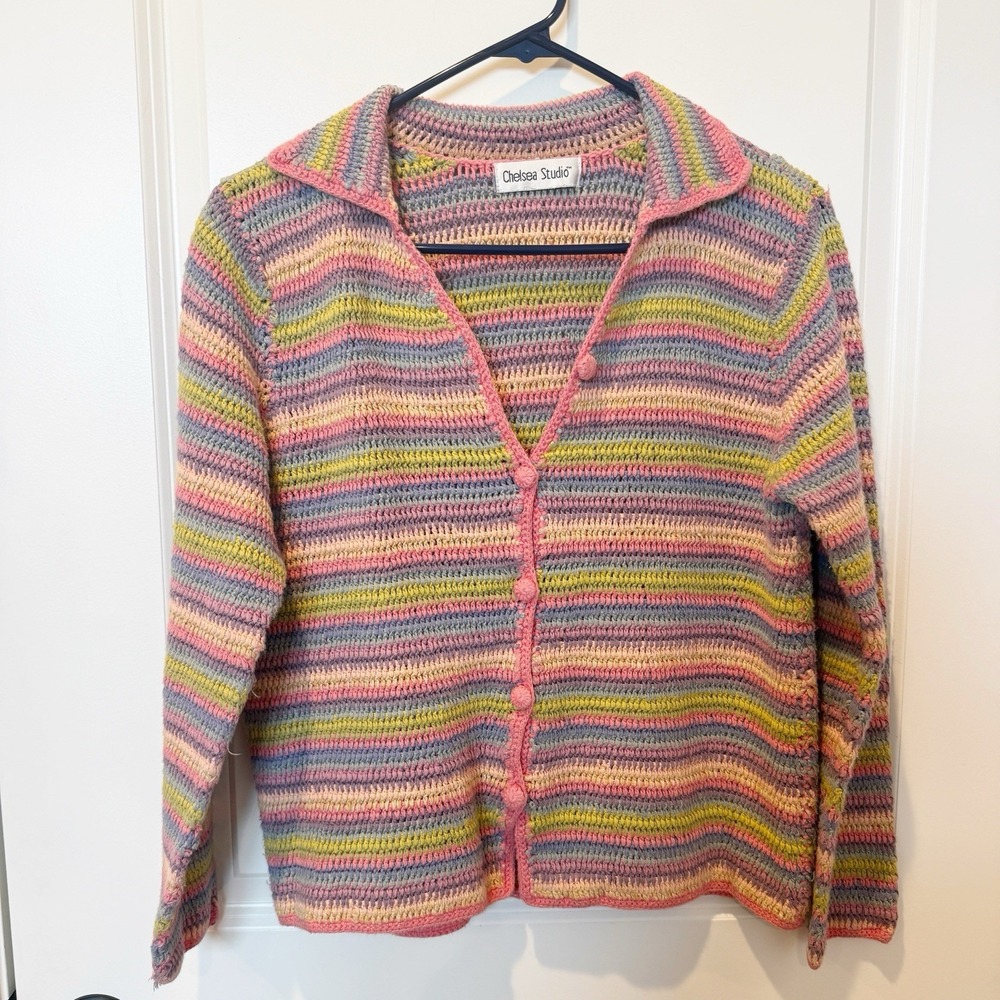 VTG Chelsea Studio Y2K Crochet Cardigan Medium Pastel Stripe Boho Festival 90s
